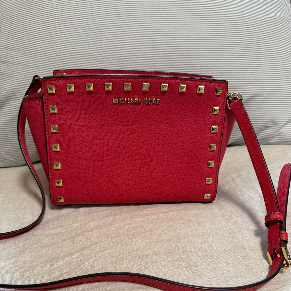 Michael Kors Watermelon Red / Coral  Crossbody Bag with Gold Studs